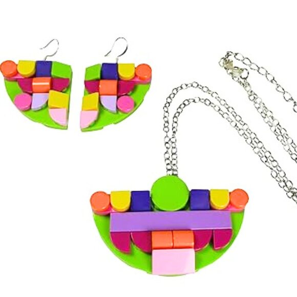 Upcycled Lego Brick Modern Mosaic Necklace & Earrings in Pink, Orange, Green, - Picture 1 of 3